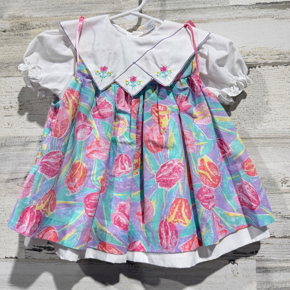 Vintage Floral Tulip Dress Girls 12M Multi Color Cottagecore